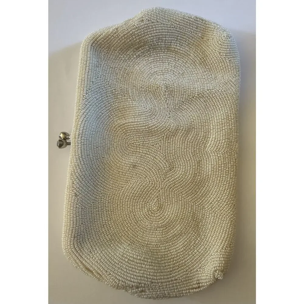Vintage Magid Beaded Clutch Purse Cream Ivory Japan Beadwork Evening Bag